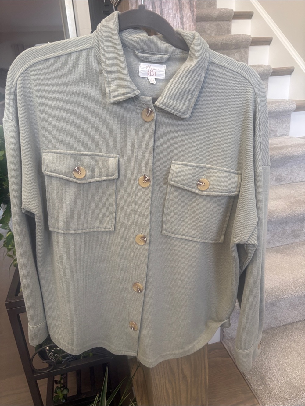 Hippie Rose Sage Green Casual Button-Front Shirt